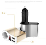Car Charger with Triple Socket Output -2 USB, 1 cigarette lighter socket
